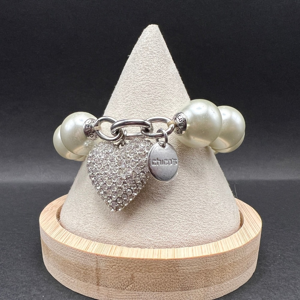 Chicos Rhinestone Puffy Heart Charm Bracelet Silver Pave Faux Pearl Stretch
